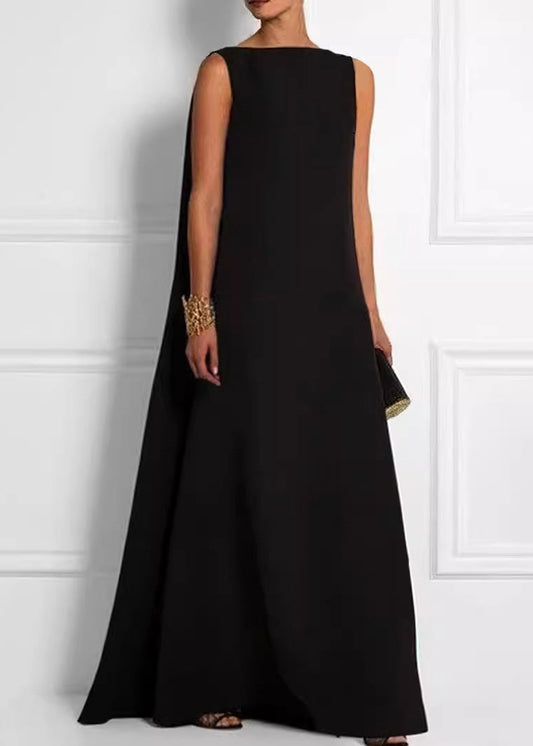 Schwarzes französisches Kleid mit hohem Knöchel, Baumwolle, ärmellos, feste Taille