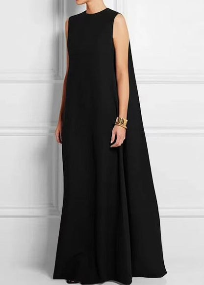 Schwarzes französisches Kleid mit hohem Knöchel, Baumwolle, ärmellos, feste Taille