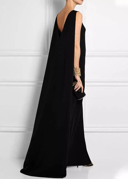 Schwarzes französisches Kleid mit hohem Knöchel, Baumwolle, ärmellos, feste Taille
