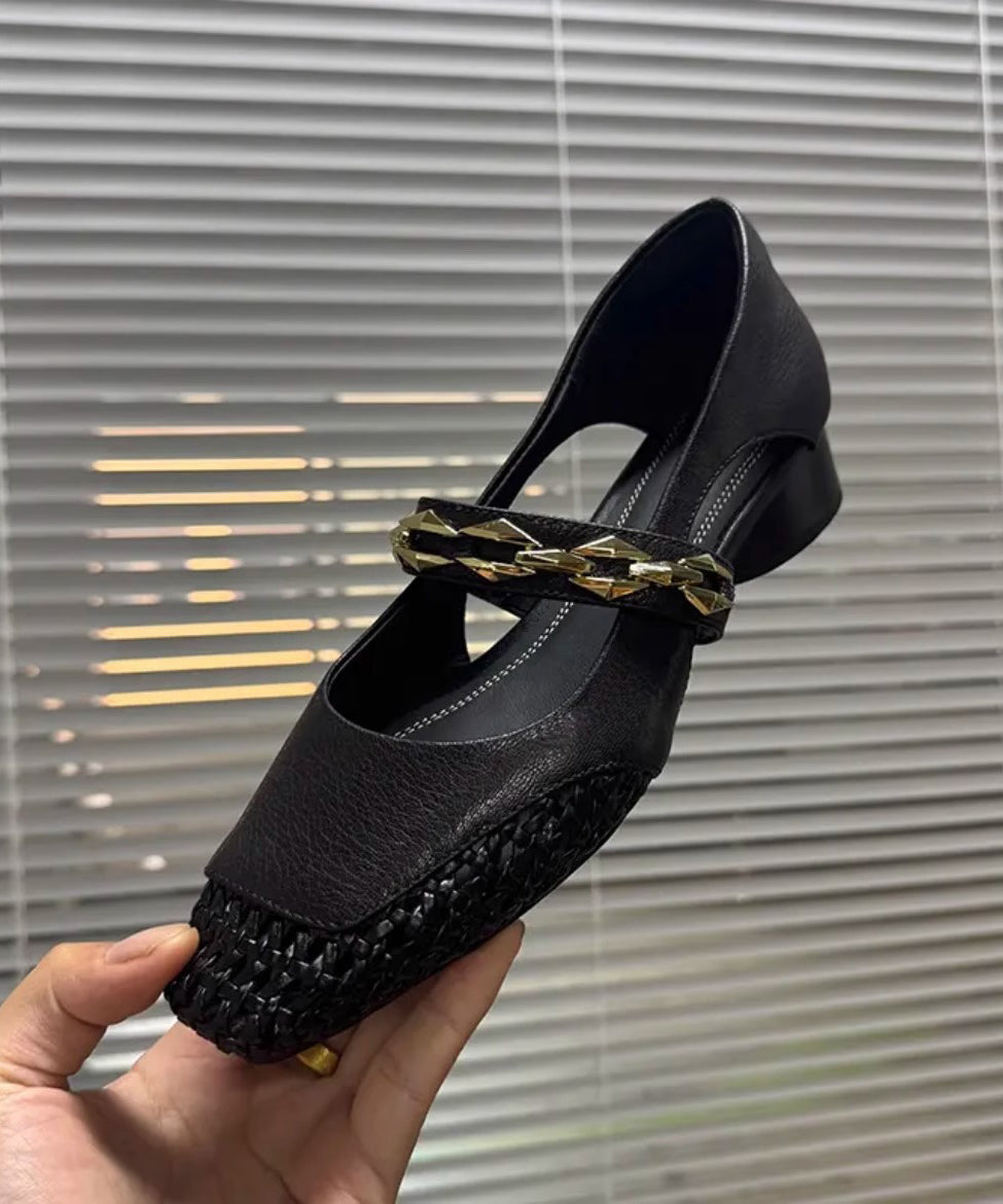 Square Toe French Chunky Breathable Hollow Woven Black Out