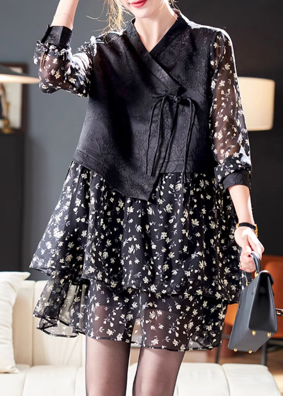 French Black Lace Up Print Patchwork Chiffon Mid Dress Spring Ada Fashion