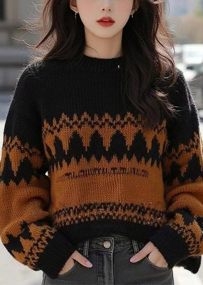 Französischer schwarzer O-Ausschnitt, gemütlicher Patchwork-Strickpullover aus Wolle, Winter, WX015