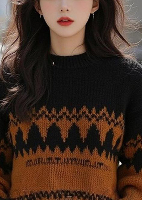 Französischer schwarzer O-Ausschnitt, gemütlicher Patchwork-Strickpullover aus Wolle, Winter, WX015