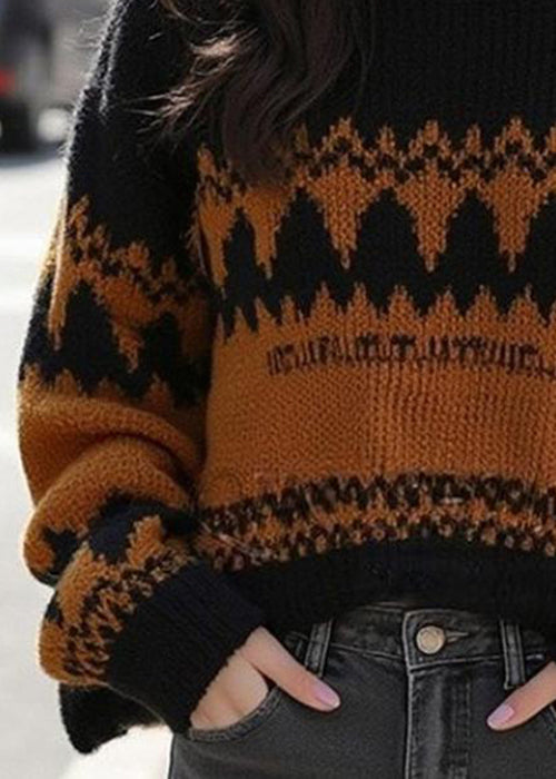 Französischer schwarzer O-Ausschnitt, gemütlicher Patchwork-Strickpullover aus Wolle, Winter, WX015