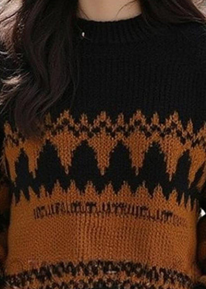 Französischer schwarzer O-Ausschnitt, gemütlicher Patchwork-Strickpullover aus Wolle, Winter, WX015