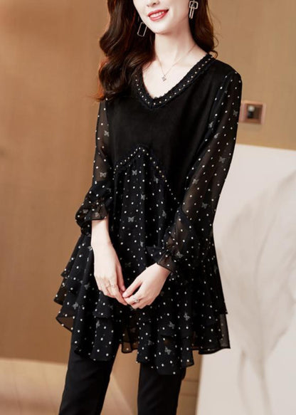 Sleeve Black Shirt Lantern Dot Chiffo O-Neck French