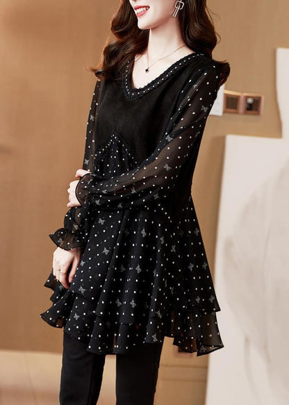 Sleeve Black Shirt Lantern Dot Chiffo O-Neck French