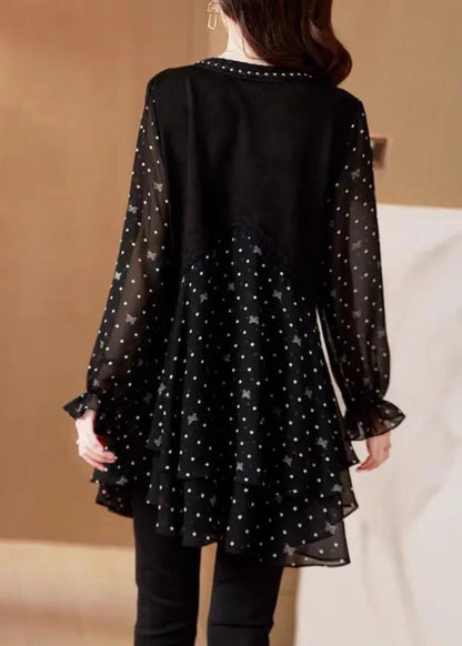 Sleeve Black Shirt Lantern Dot Chiffo O-Neck French
