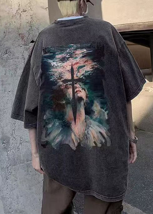 Chemise en coton français à col en T et manches mi-longues imprimées noires pour homme