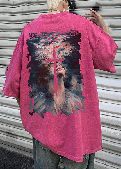 Chemise en coton français à col en T et manches mi-longues imprimées noires pour homme