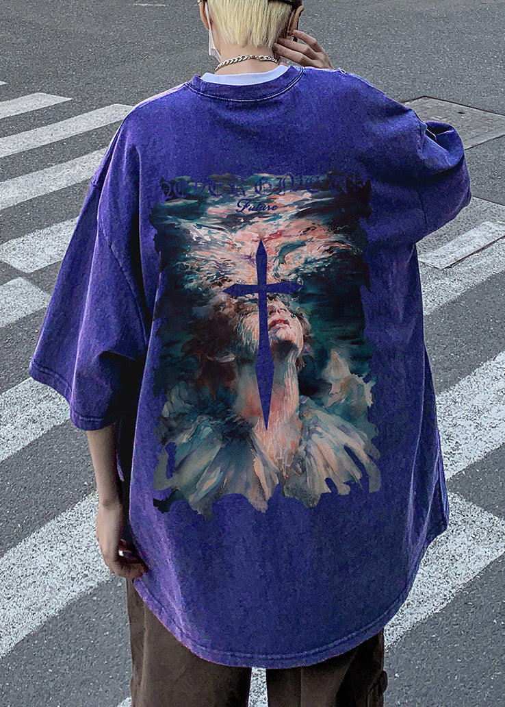 Chemise en coton français à col en T et manches mi-longues imprimées noires pour homme