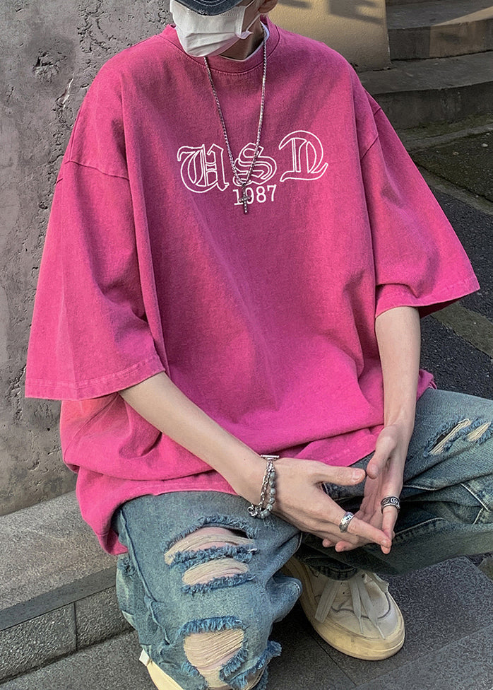 Chemise en coton français à col en T et manches mi-longues imprimées noires pour homme