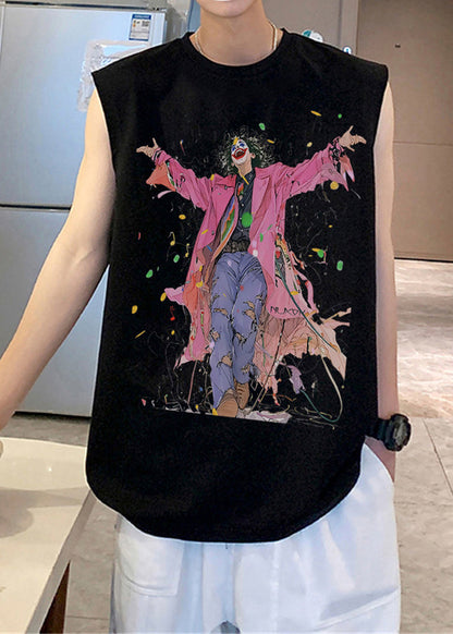 Débardeur noir à col rond et manches courtes pour homme, imprimé en coton