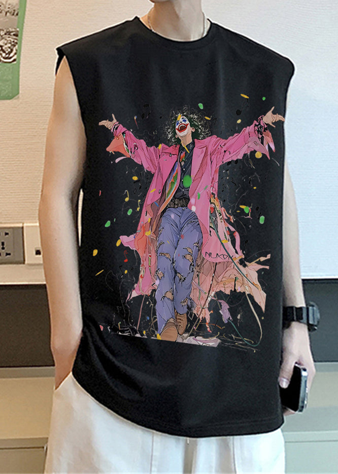 Débardeur noir à col rond et manches courtes pour homme, imprimé en coton