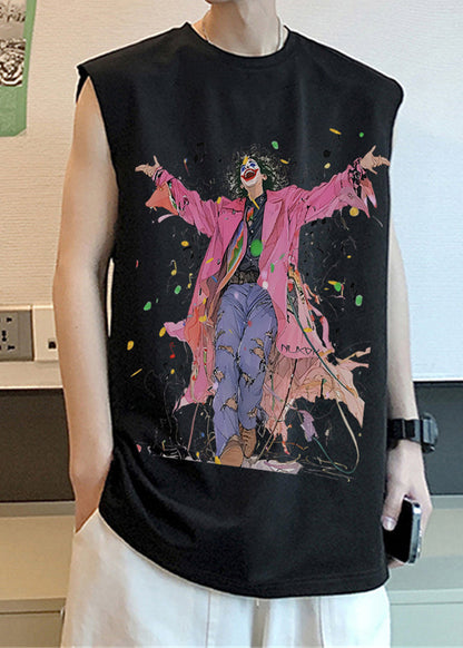 Débardeur noir à col rond et manches courtes pour homme, imprimé en coton