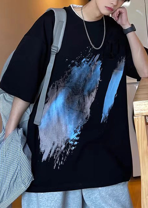 T-shirt noir d'été en coton imprimé confortable pour homme, col français