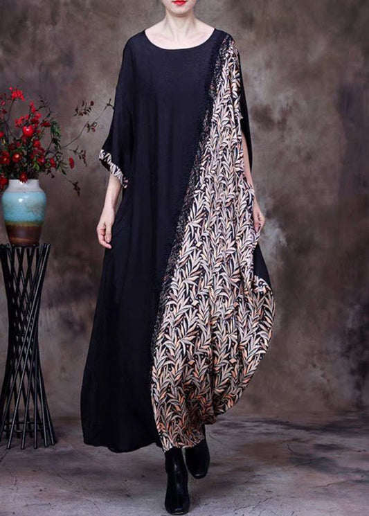 French Black O Neck Print Patchwork Silk Long Dresses Half Sleeve OP1039