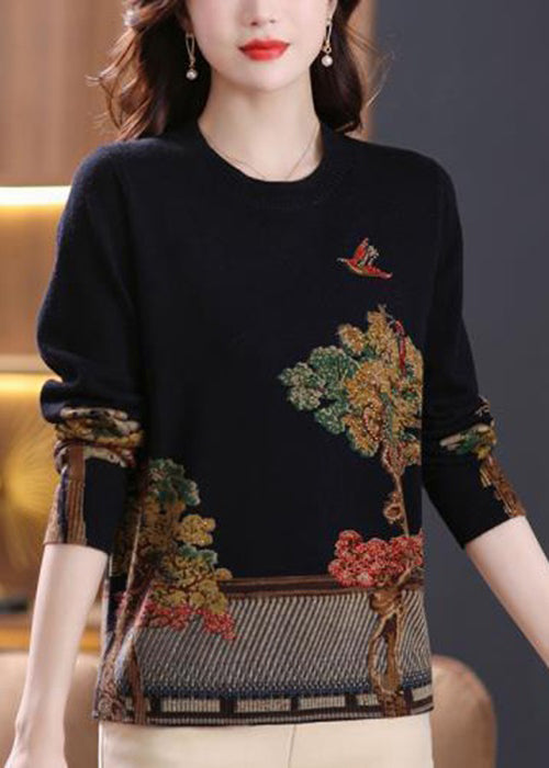 Haut en laine noir à col rond et imprimé patchwork, printemps TB026