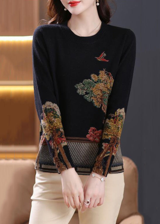 Haut en laine noir à col rond et imprimé patchwork, printemps TB026