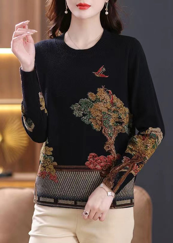 Haut en laine noir à col rond et imprimé patchwork, printemps TB026