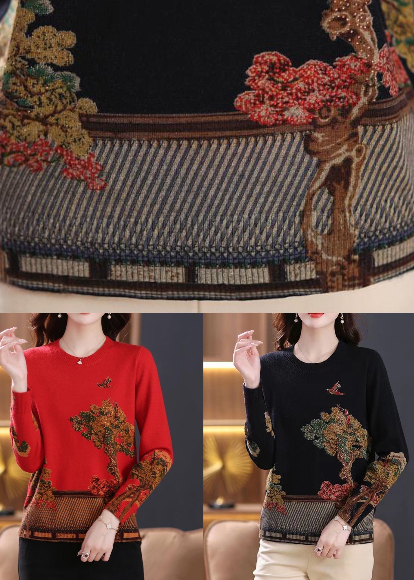 Haut en laine noir à col rond et imprimé patchwork, printemps TB026