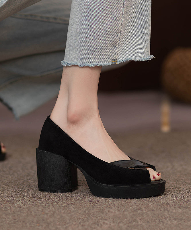 French Black Peep Toe Genuine Leather Platform Heels RT1045