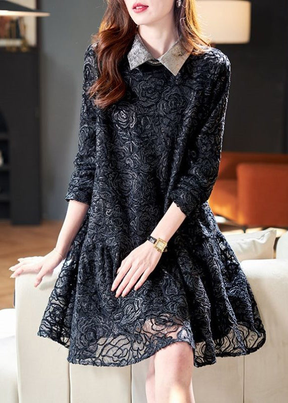 Robe patchwork en dentelle noire à col Claudine, printemps RL003