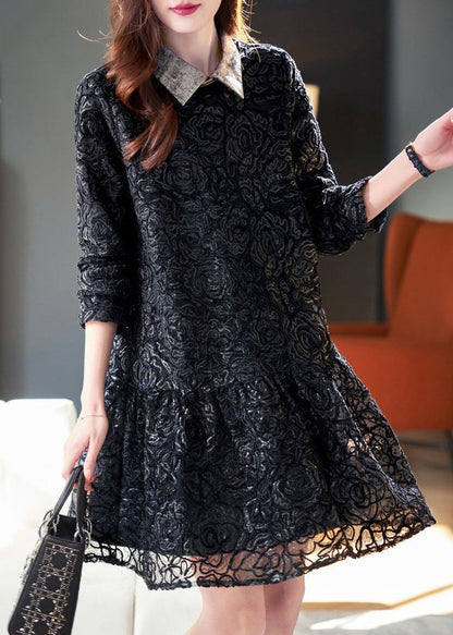 Robe patchwork en dentelle noire à col Claudine, printemps RL003