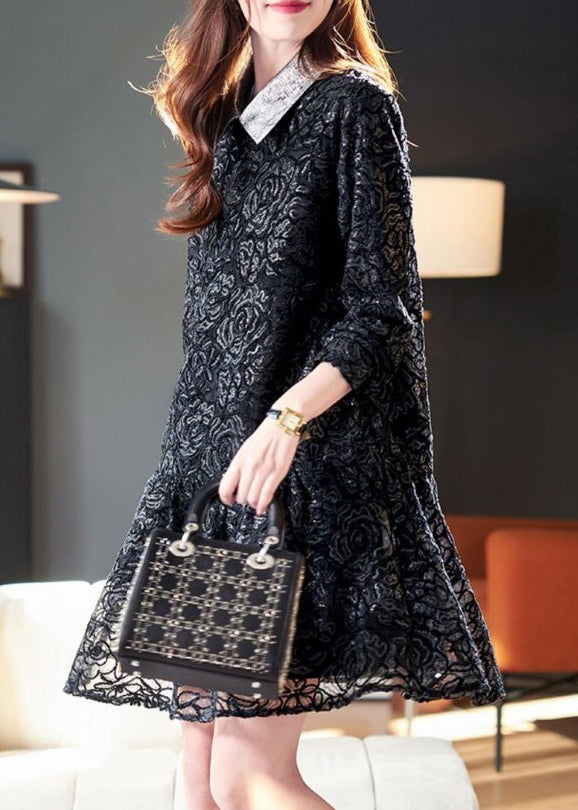 Robe patchwork en dentelle noire à col Claudine, printemps RL003