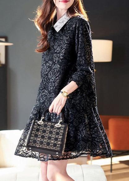 Robe patchwork en dentelle noire à col Claudine, printemps RL003