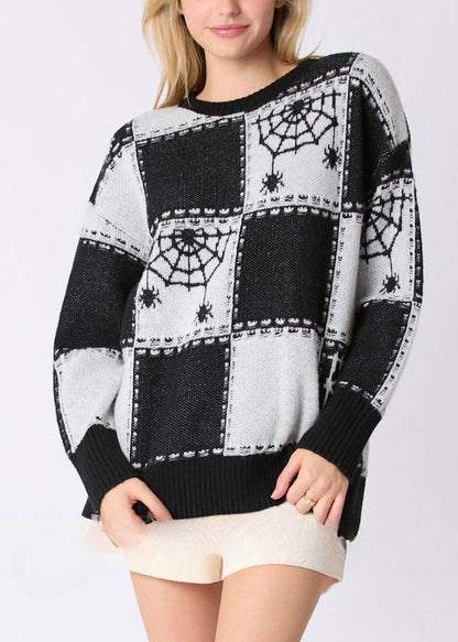 Pull en tricot patchwork confortable à carreaux noirs français Automne AE1026