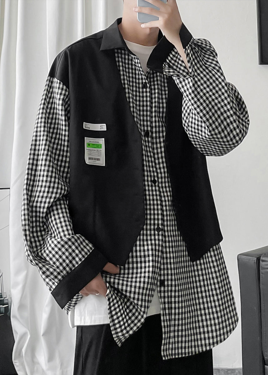 Deux chemises françaises en coton à carreaux pour hommes, patchwork de pièces noires