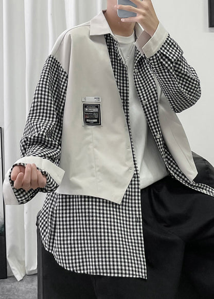 Deux chemises françaises en coton à carreaux pour hommes, patchwork de pièces noires