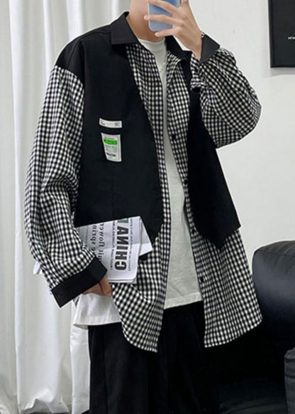 Deux chemises françaises en coton à carreaux pour hommes, patchwork de pièces noires