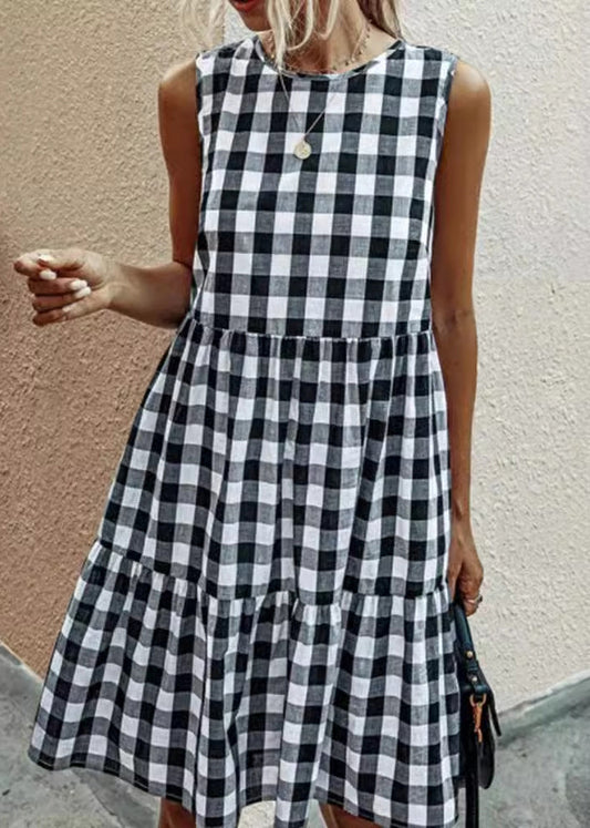 Pockets Black Dress Cotton Sleeveless Plaid French