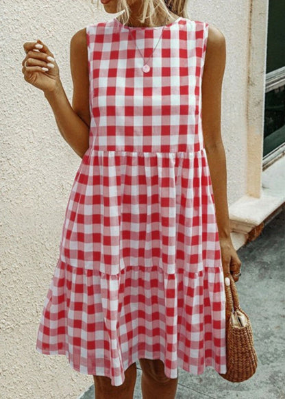Ärmelloses französisches schwarzes kariertes Kleid mit Taschen aus Baumwolle