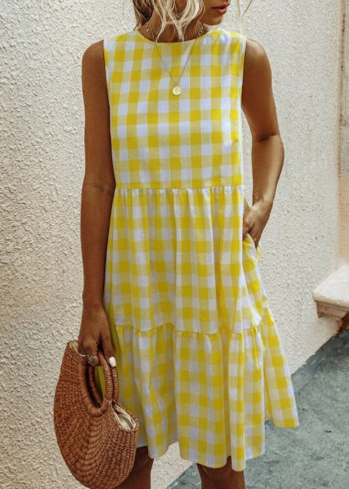 Taschen Schwarzes Kleid Baumwolle Ärmellos Plaid Französisch