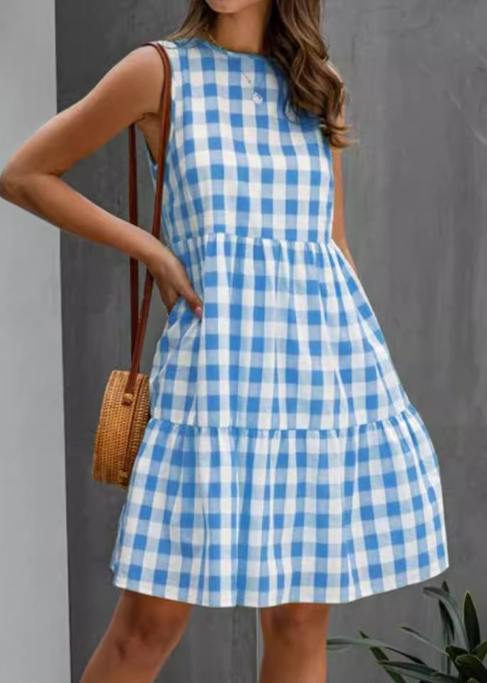 Taschen Schwarzes Kleid Baumwolle Ärmellos Plaid Französisch