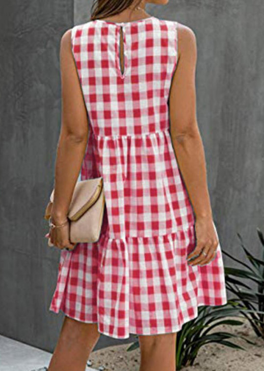 Taschen Schwarzes Kleid Baumwolle Ärmellos Plaid Französisch