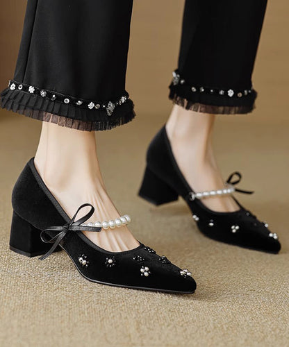 Escarpins à talons épais et bout pointu en velours noir français RX026