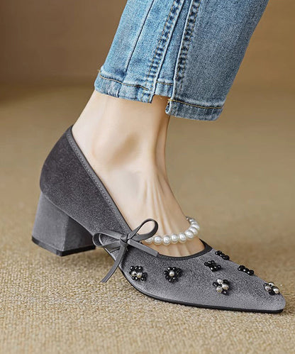 Escarpins à talons épais et bout pointu en velours noir français RX026
