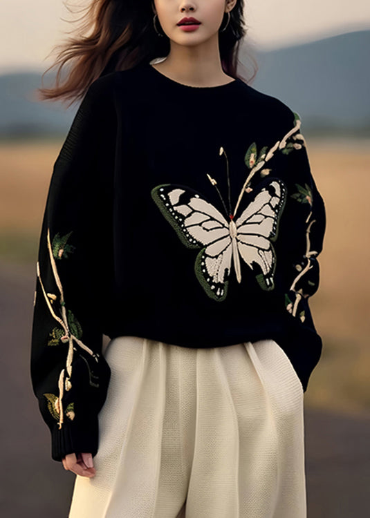 Französischer schwarzer Druck, gemütlicher Strickpullover, Winter-WX026