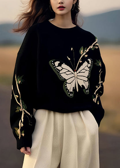 Französischer schwarzer Druck, gemütlicher Strickpullover, Winter-WX026