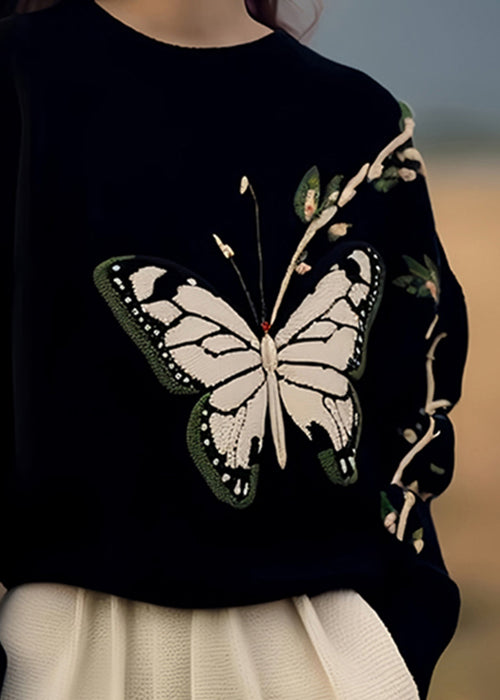 Französischer schwarzer Druck, gemütlicher Strickpullover, Winter-WX026