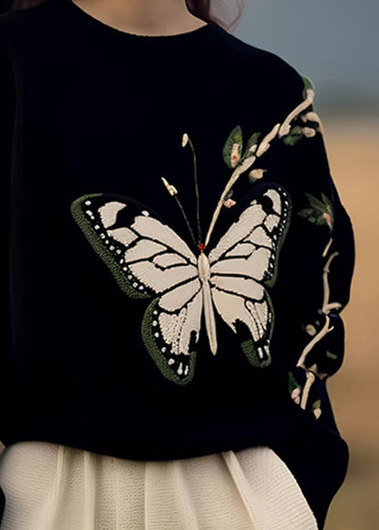 Französischer schwarzer Druck, gemütlicher Strickpullover, Winter-WX026