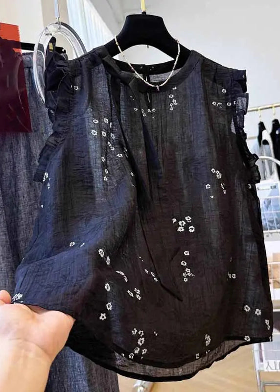 Summer Black French Ruffled Cotton Top Embroidered