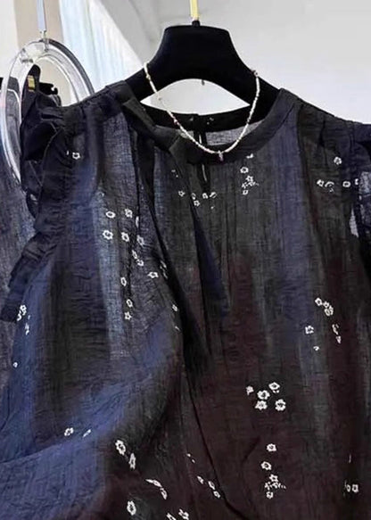 Summer Black French Ruffled Cotton Top Embroidered