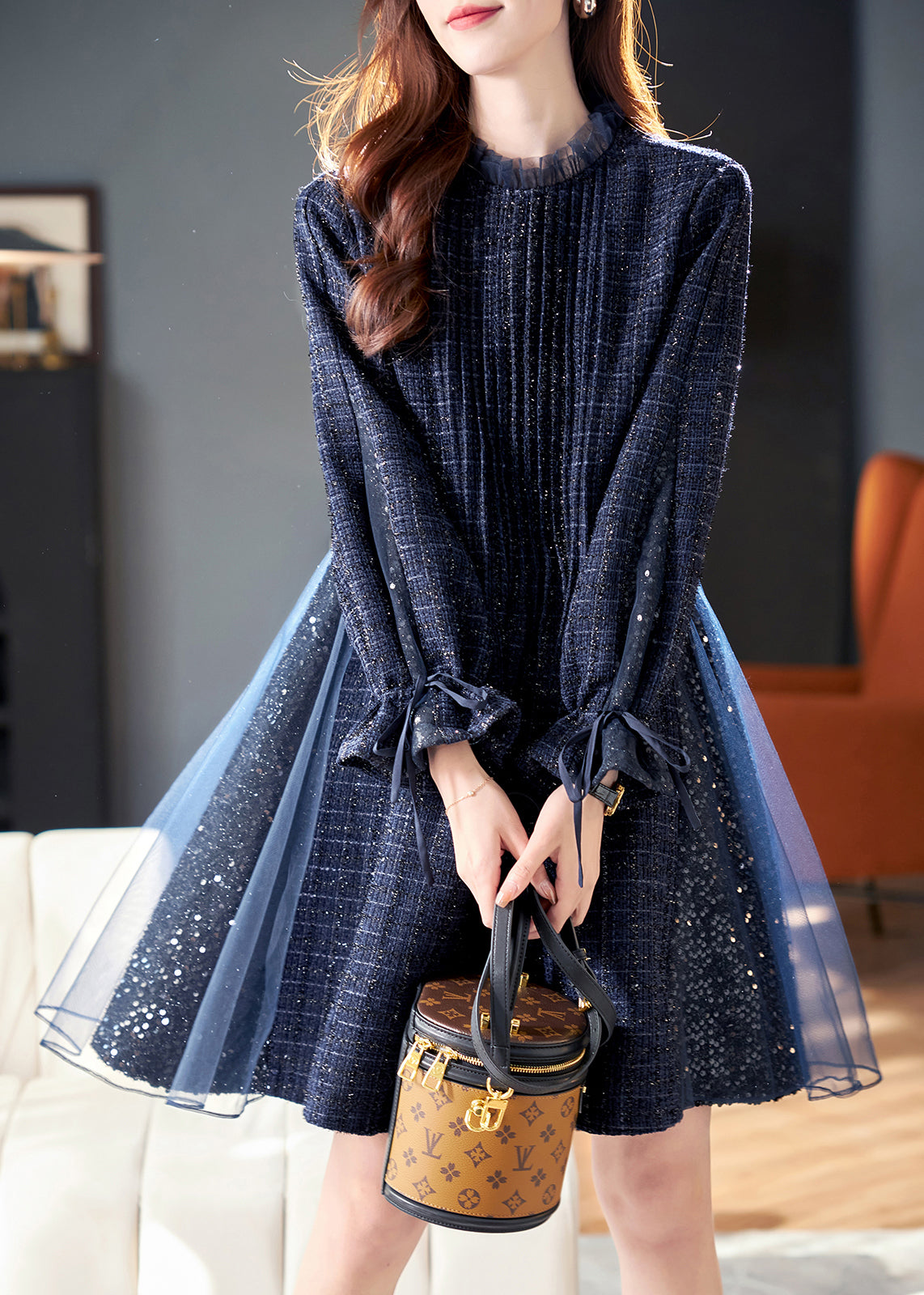 Robe patchwork en tulle à paillettes noires françaises, manches papillon RL043