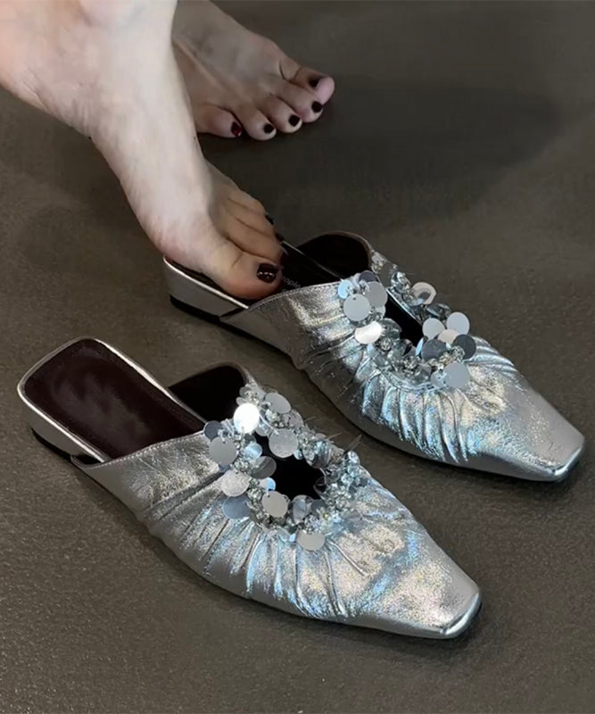 Slide Sandals Splicing Sequins Black French Wrinkled