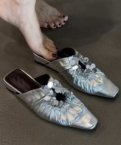 Slide Sandals Splicing Sequins Black French Wrinkled